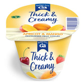 Golden Acre's Thick & Creamy Yogurt Apricot & Mango, 125g container, featuring images of apricots and mangoes on the packaging.